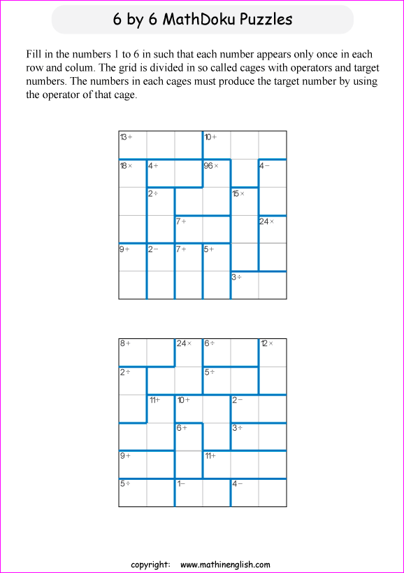 printable 6 by 6 mathdoku math operations puzzle for kids and math students