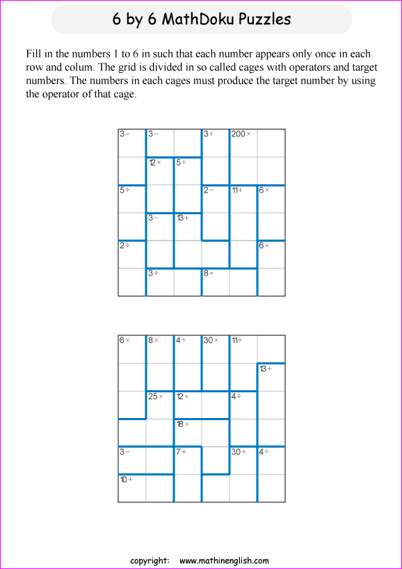 printable 6 by 6 mathdoku math operations puzzle for kids and math students