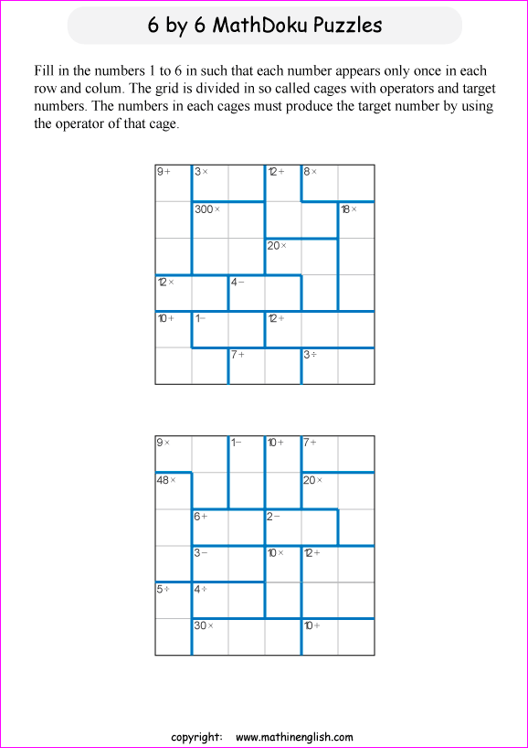 printable 6 by 6 mathdoku math operations puzzle for kids and math students