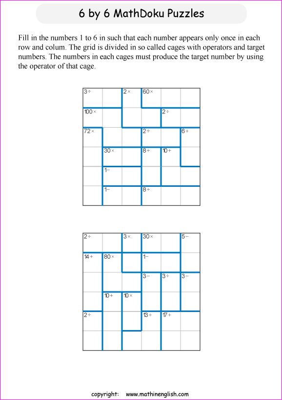 printable 6 by 6 mathdoku math operations puzzle for kids and math students