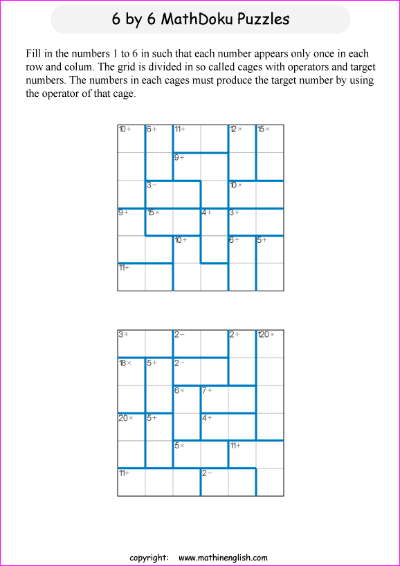 printable 6 by 6 mathdoku math operations puzzle for kids and math students