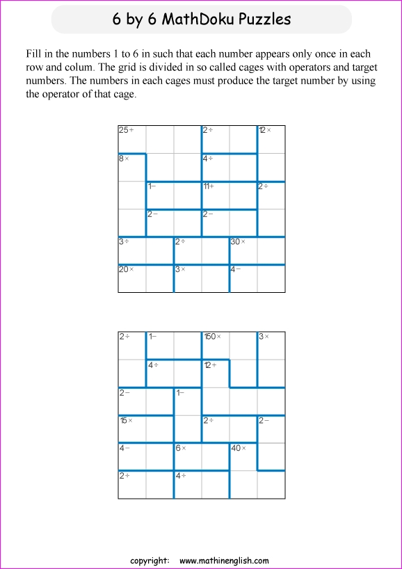 printable 6 by 6 mathdoku math operations puzzle for kids and math students