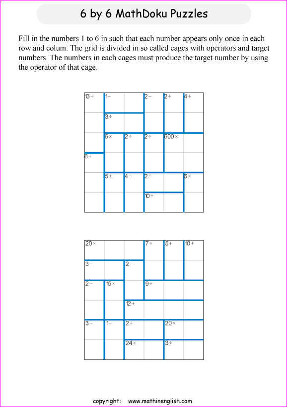 printable 6 by 6 mathdoku math operations puzzle for kids and math students