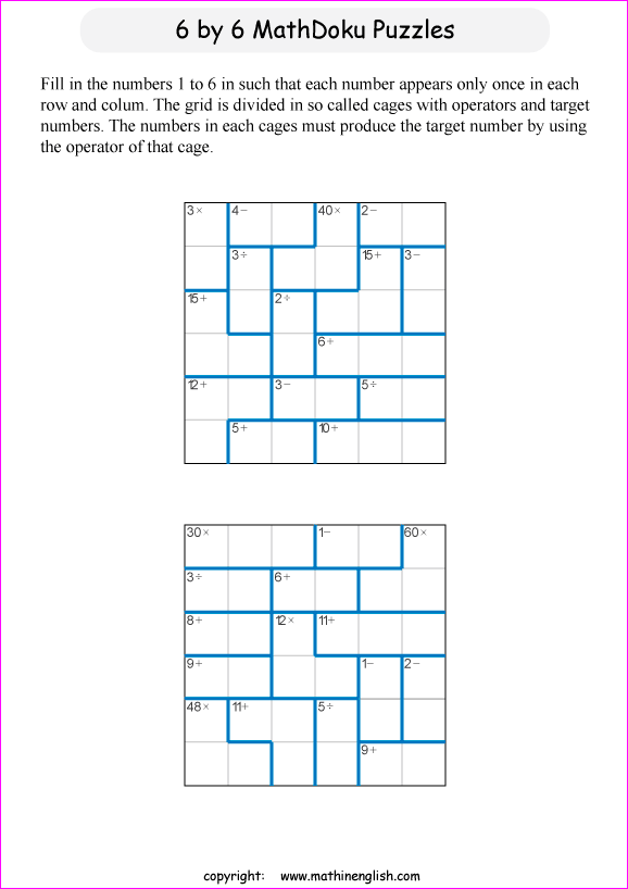 printable 6 by 6 mathdoku math operations puzzle for kids and math students