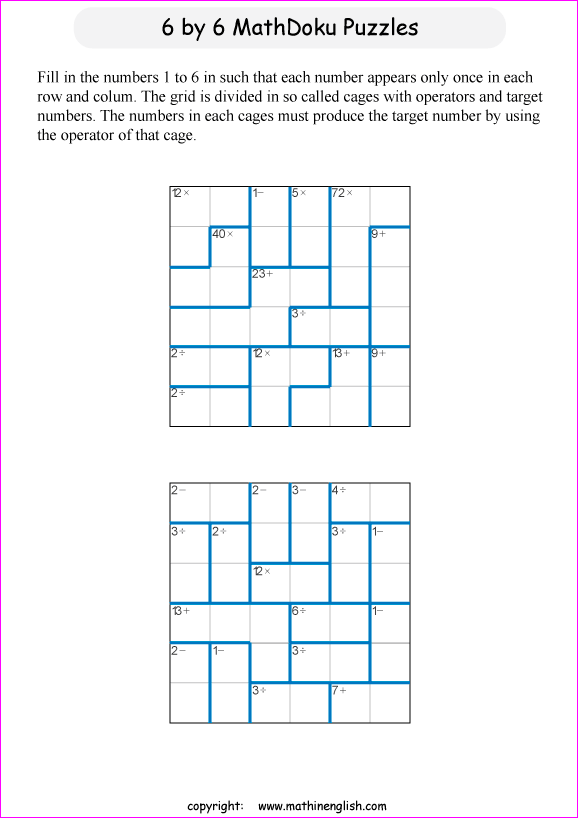 printable 6 by 6 mathdoku math operations puzzle for kids and math students