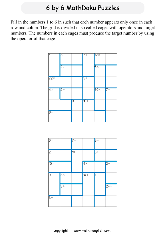 printable 6 by 6 mathdoku math operations puzzle for kids and math students