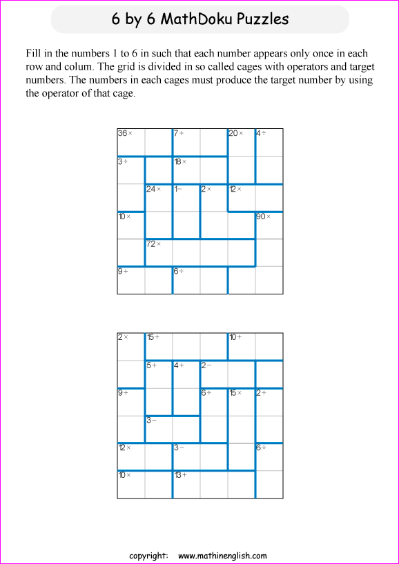 printable 6 by 6 mathdoku math operations puzzle for kids and math students