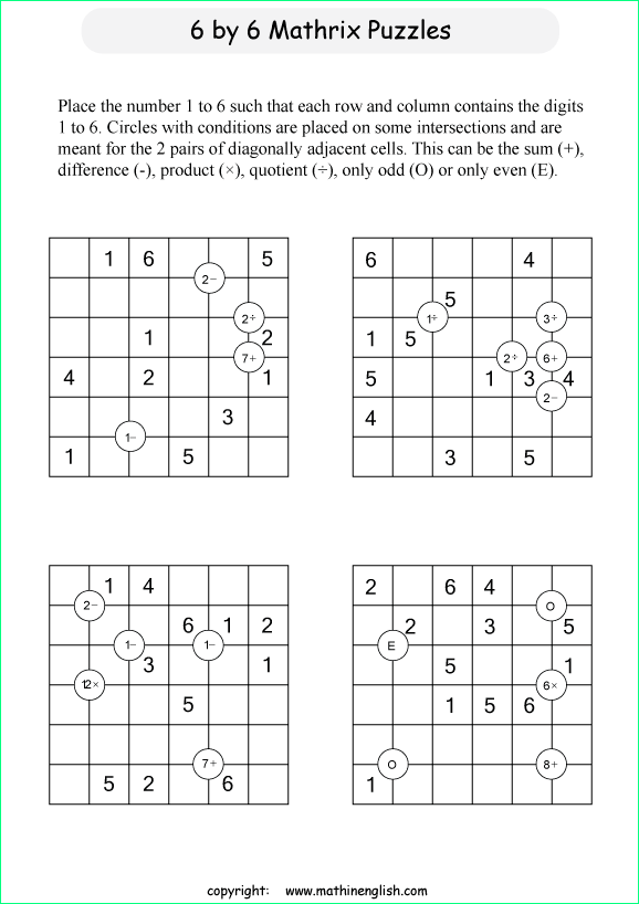 printable 6 by 6 Mathrix math calculation puzzle