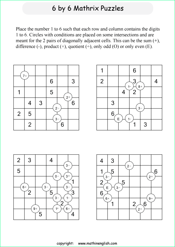 printable 6 by 6 Mathrix math calculation puzzle