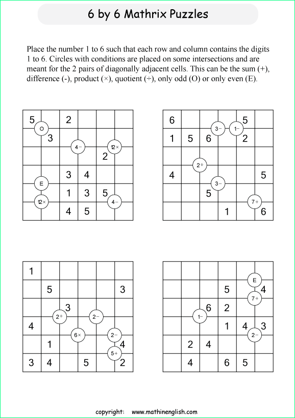 printable 6 by 6 Mathrix math calculation puzzle