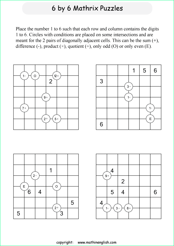 printable 6 by 6 Mathrix math calculation puzzle