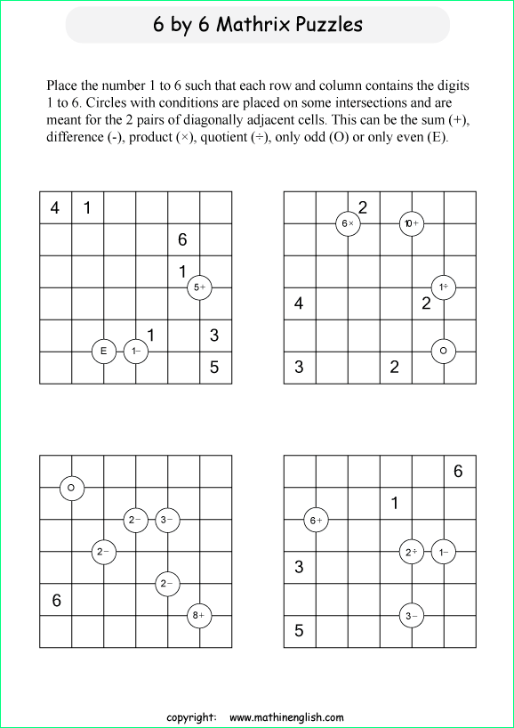 printable 6 by 6 Mathrix math calculation puzzle