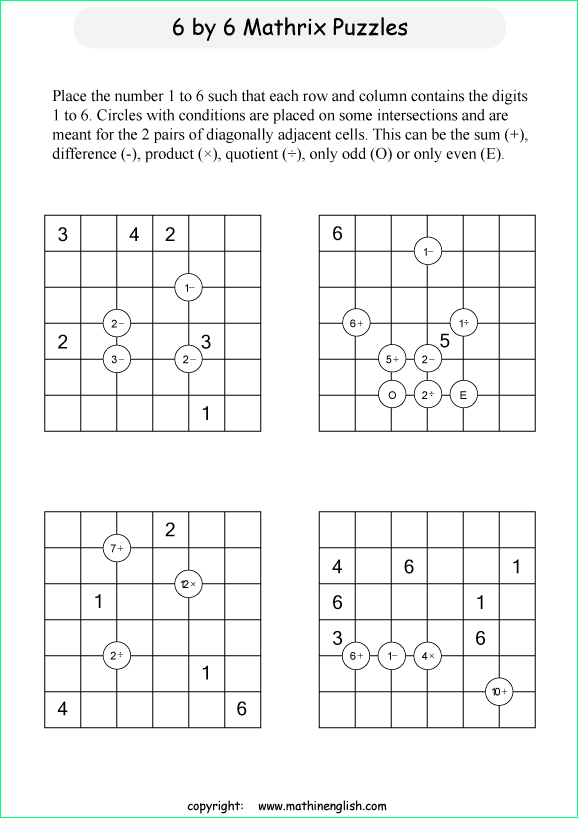 printable 6 by 6 Mathrix math calculation puzzle