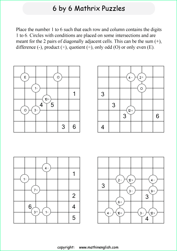 printable 6 by 6 Mathrix math calculation puzzle