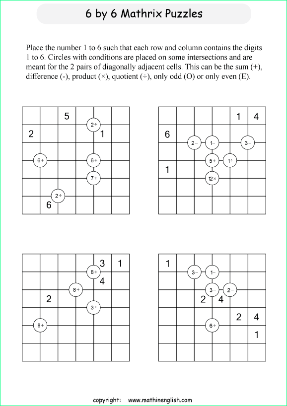 printable 6 by 6 Mathrix math calculation puzzle