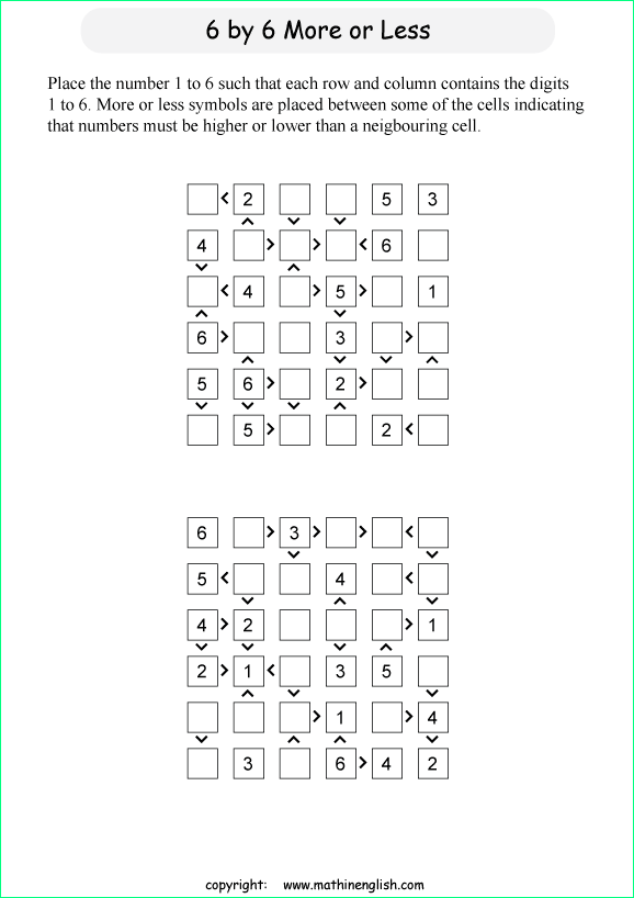 printable 6 by 6 More or Less math Sudoku for children