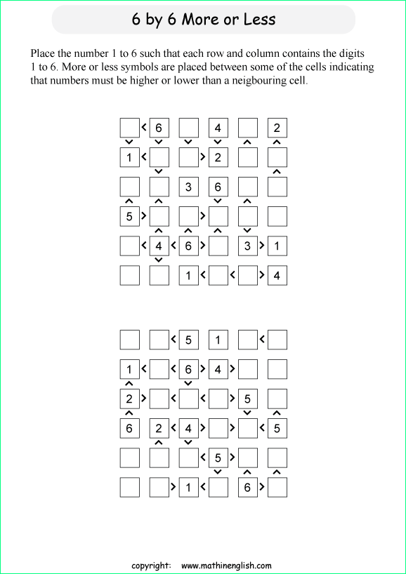 printable 6 by 6 More or Less math Sudoku for children