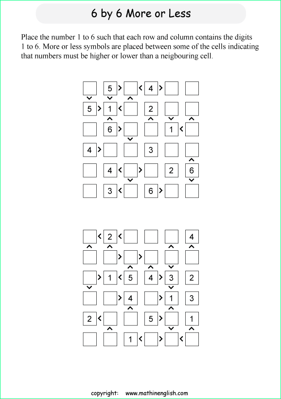 printable 6 by 6 More or Less math Sudoku for children