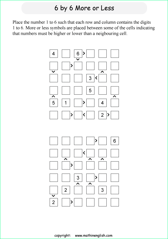 printable 6 by 6 More or Less math Sudoku for children