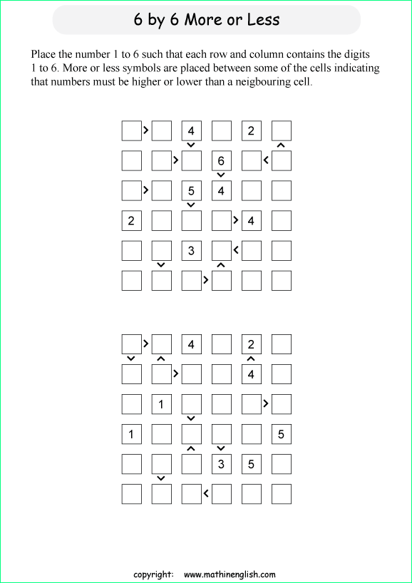 printable 6 by 6 More or Less math Sudoku for children