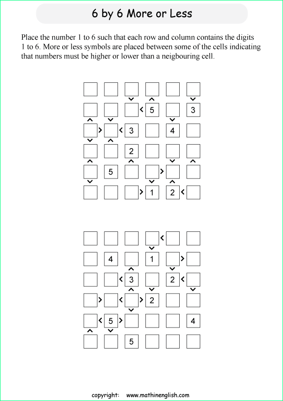 printable 6 by 6 More or Less math Sudoku for children