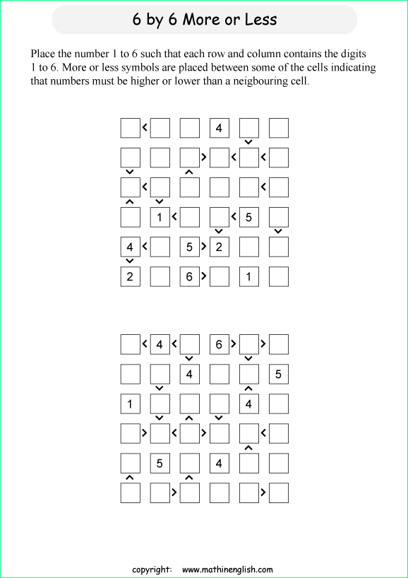 printable 6 by 6 More or Less math Sudoku for children