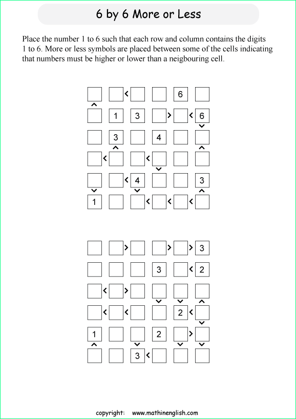 printable 6 by 6 More or Less math Sudoku for children