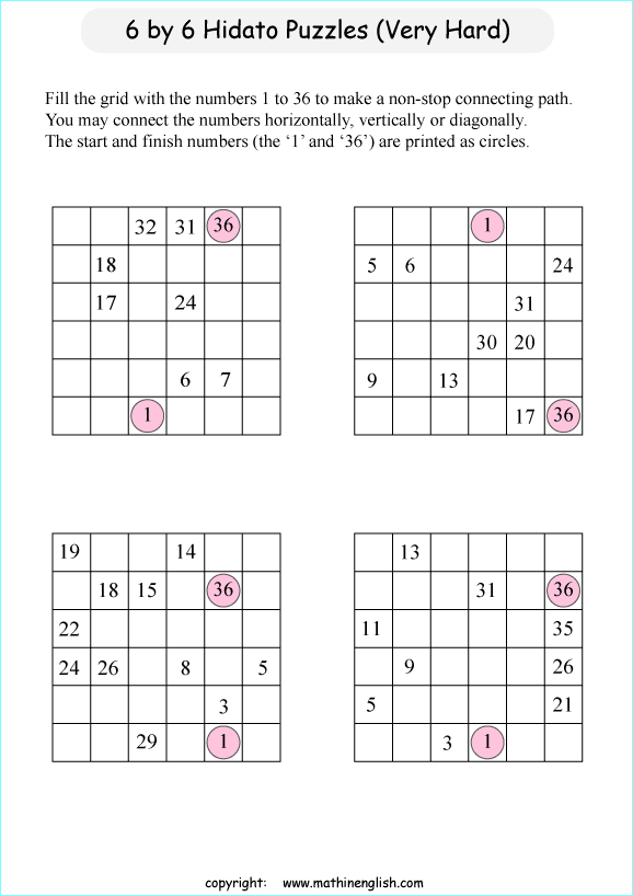 printable 6 by 6 Hidato logic IQ puzzle for kids