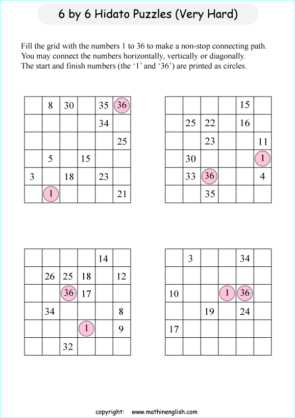 printable 6 by 6 Hidato logic IQ puzzle for kids