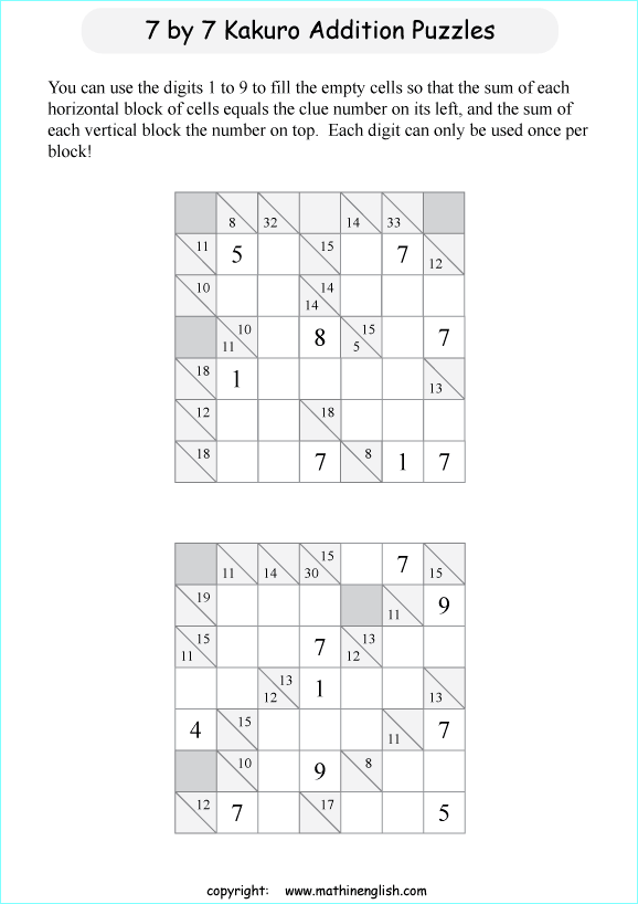 printable 7 by 7 Kakuro addition puzzle for kids