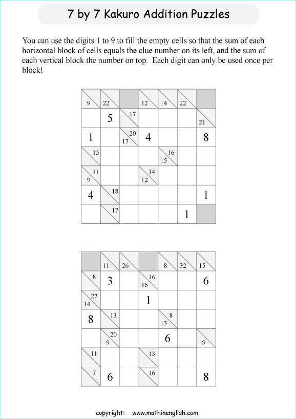 printable 7 by 7 Kakuro addition puzzle for kids