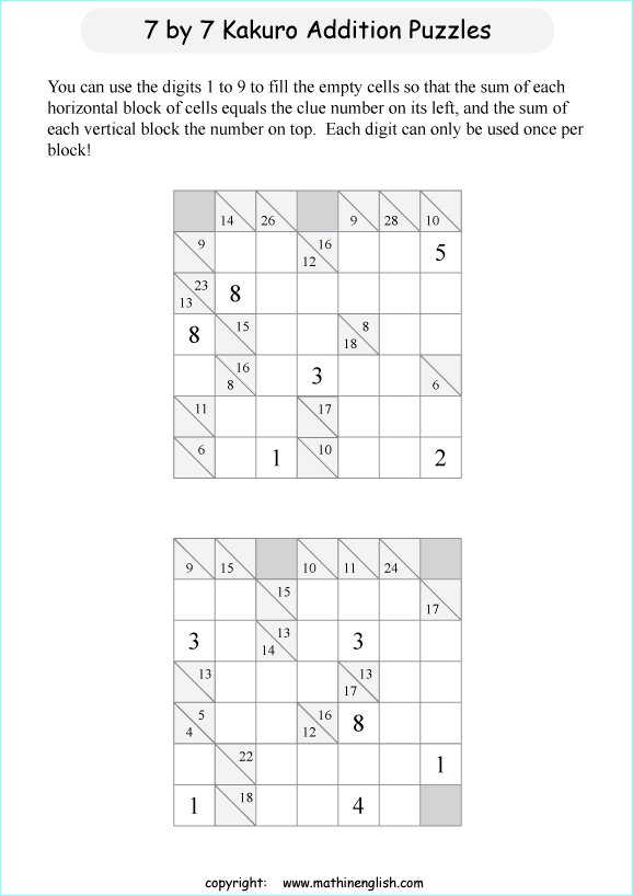 printable 7 by 7 Kakuro addition puzzle for kids