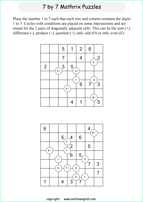 printable 7 by 7 Mathrix math calculation puzzle