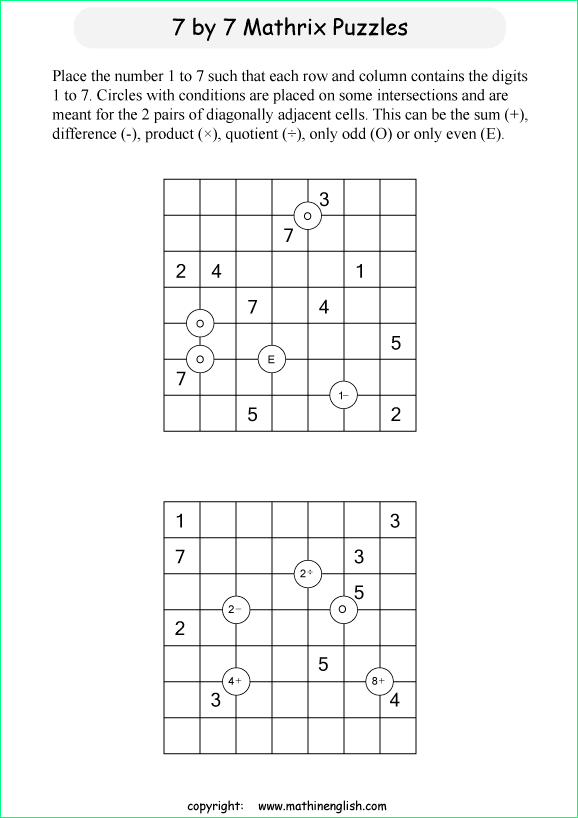 printable 7 by 7 Mathrix math calculation puzzle