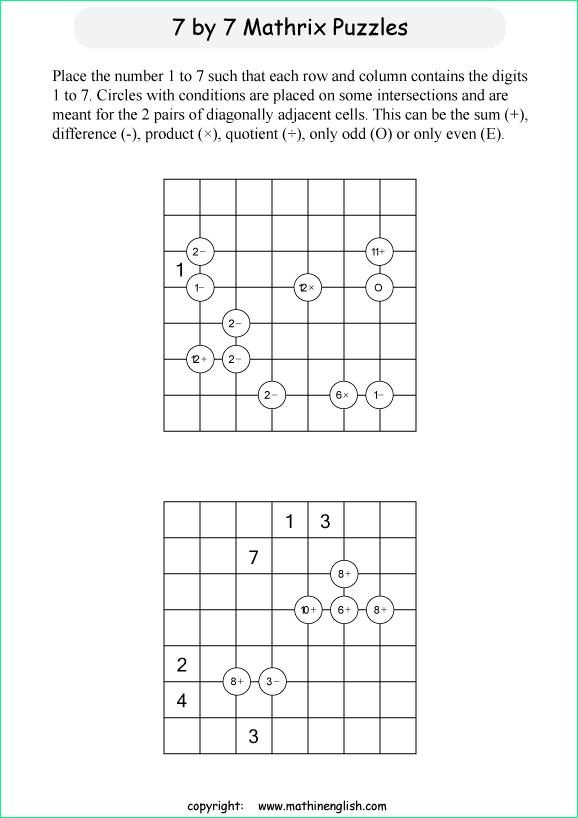 printable 7 by 7 Mathrix math calculation puzzle