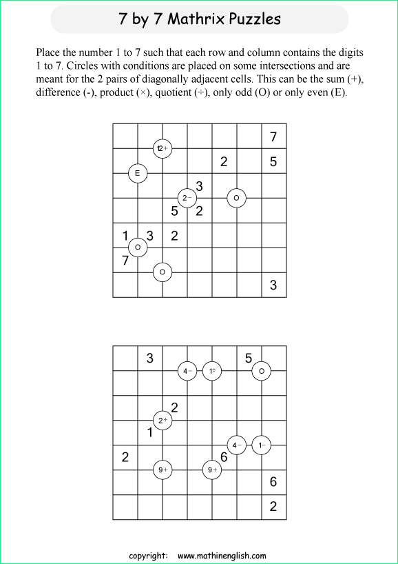 printable 7 by 7 Mathrix math calculation puzzle