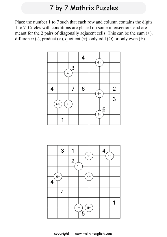 printable 7 by 7 Mathrix math calculation puzzle