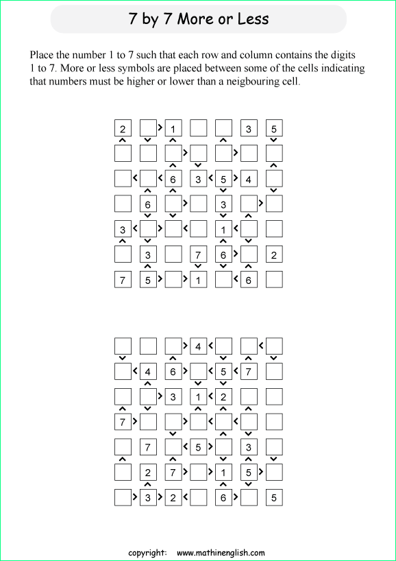 printable 7 by 7 More or Less math Sudoku for children