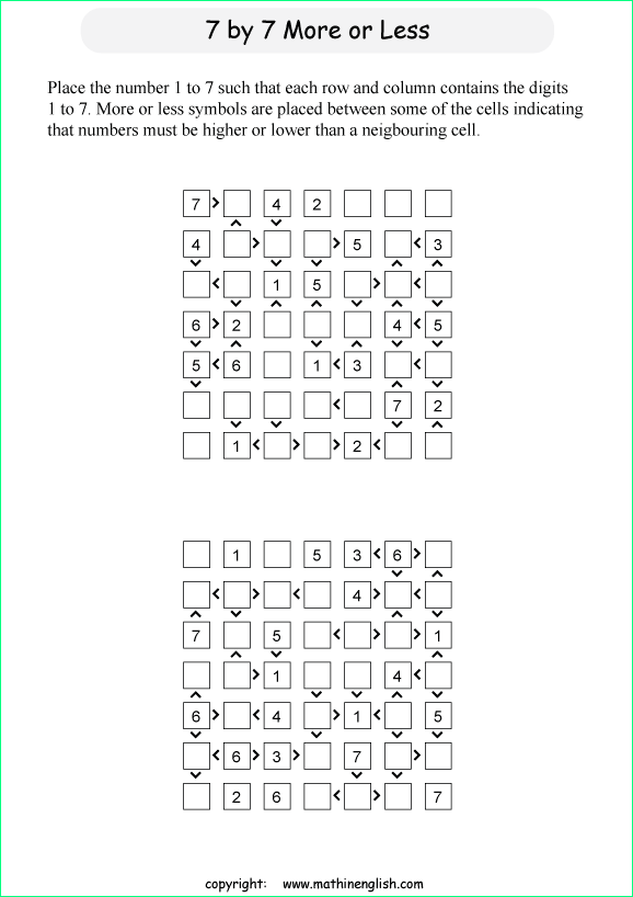 printable 7 by 7 More or Less math Sudoku for children