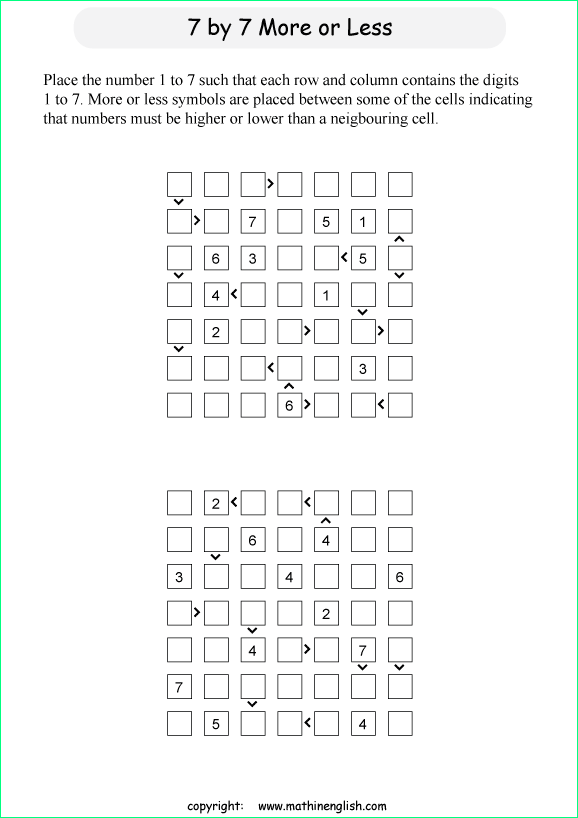 printable 7 by 7 More or Less math Sudoku for children