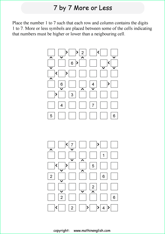 printable 7 by 7 More or Less math Sudoku for children