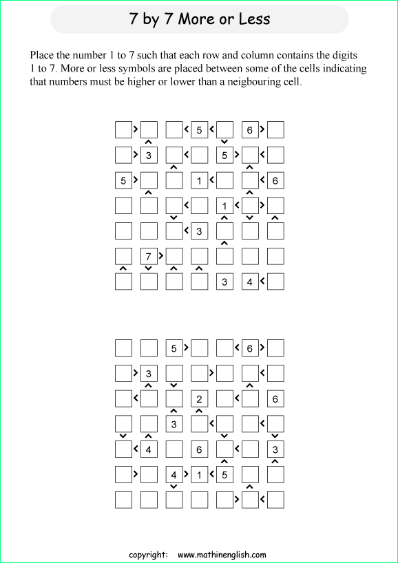 printable 7 by 7 More or Less math Sudoku for children