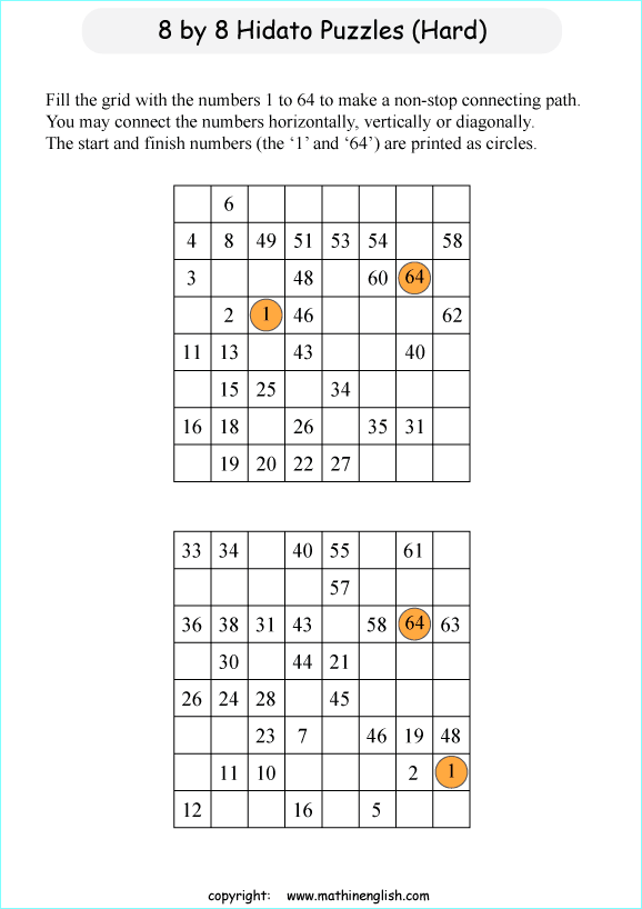 printable 8 by 8 Hidato logic IQ puzzle for kids