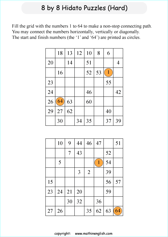 printable 8 by 8 Hidato logic IQ puzzle for kids