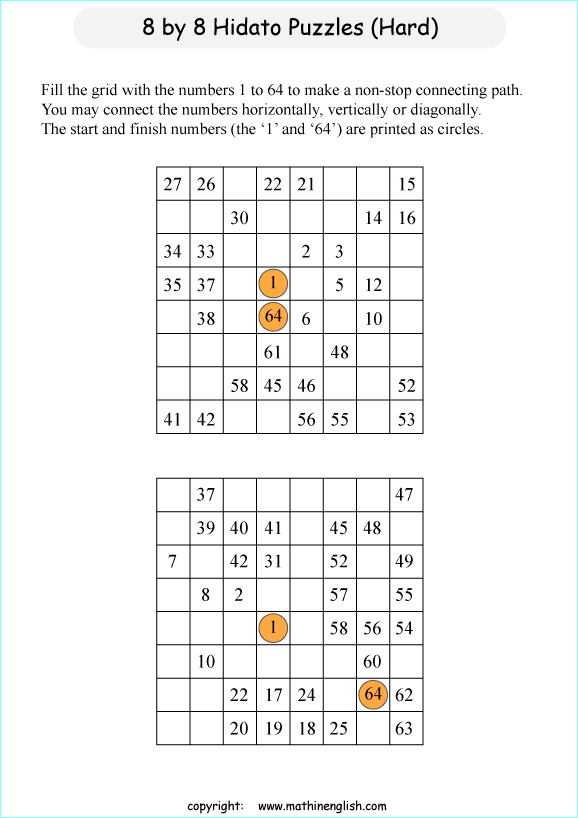 printable 8 by 8 Hidato logic IQ puzzle for kids