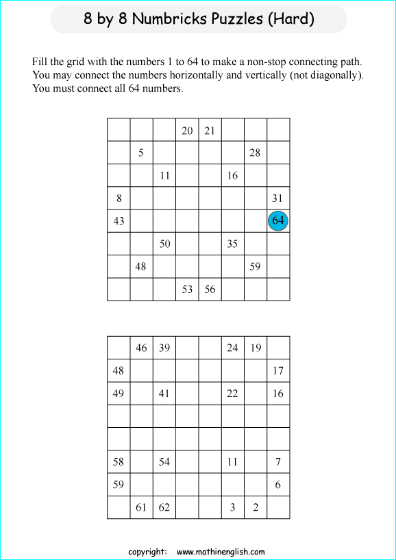 printable 8 by 8 Numbrix IQ number puzzle for kids