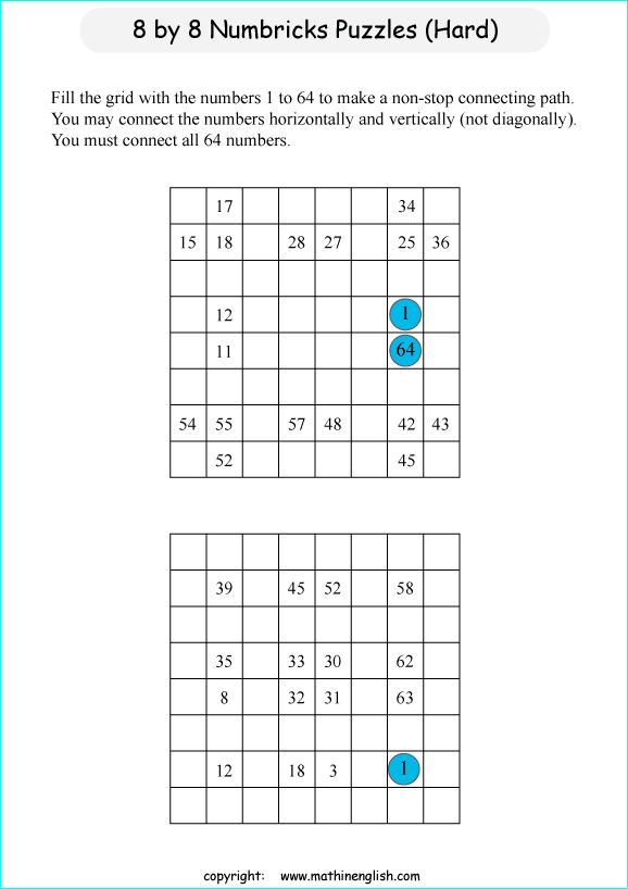 printable 8 by 8 Numbrix IQ number puzzle for kids