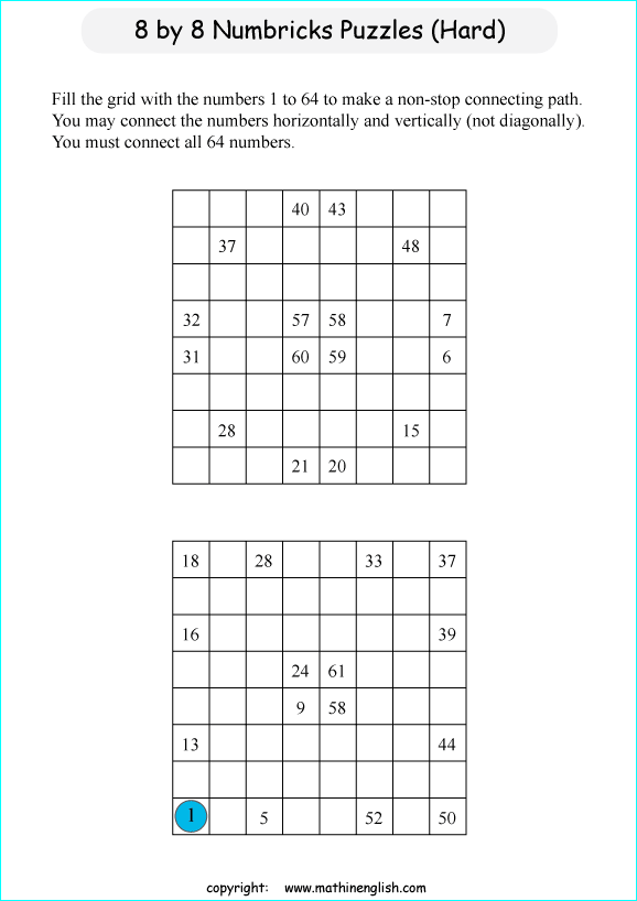 printable 8 by 8 Numbrix IQ number puzzle for kids