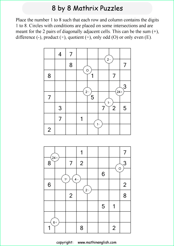 printable 8 by 8 Mathrix math calculation puzzle