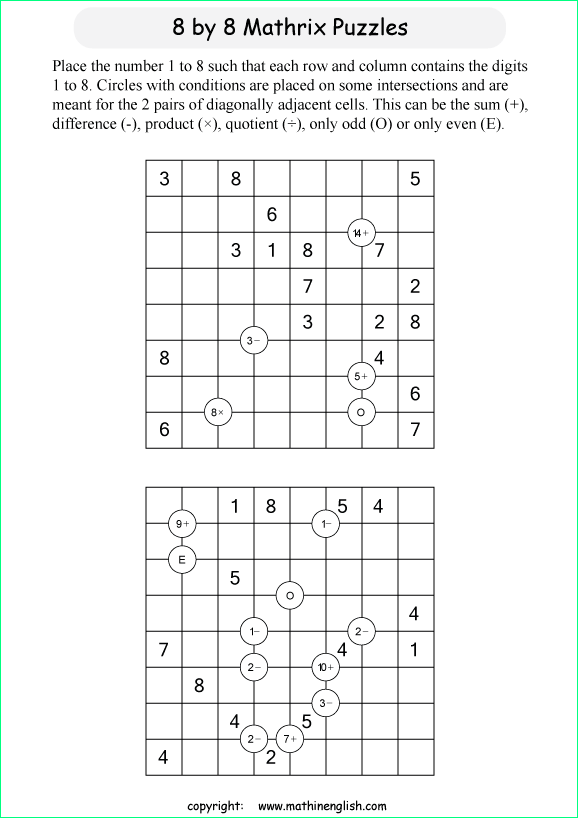 printable 8 by 8 Mathrix math calculation puzzle